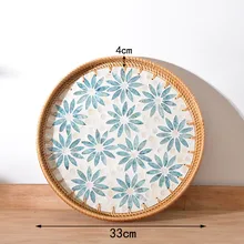  Handmade Colorful Shell Rattan Trays For Serving Food Set Snack Fruit Plate Jewelry Round Storage Basket Trays Decorative Party 