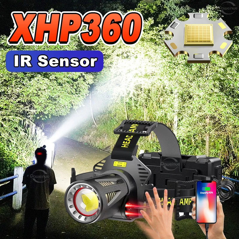 

Super Bright LED Lamps High Power XHP360 Headlamp Powerful Strong Lights Fishing Head Flashlight Zoom USB Rechargeable Headlight