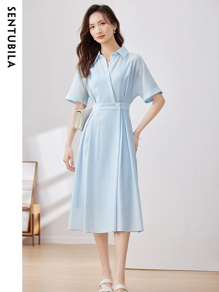 Sentubila Two Piece Summer Dress Sets Blue Plaid Shirt Dresses for Women 2024 Short Sleeve V Neck Slim Waisted A Line Midi Dress