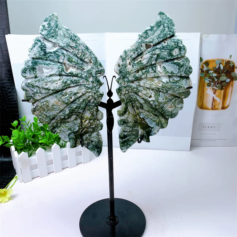 

Natural Moss Agate Butterfly Wings Hand Carved With Stand Energy Gemstone Healing Stone For Home Decoration