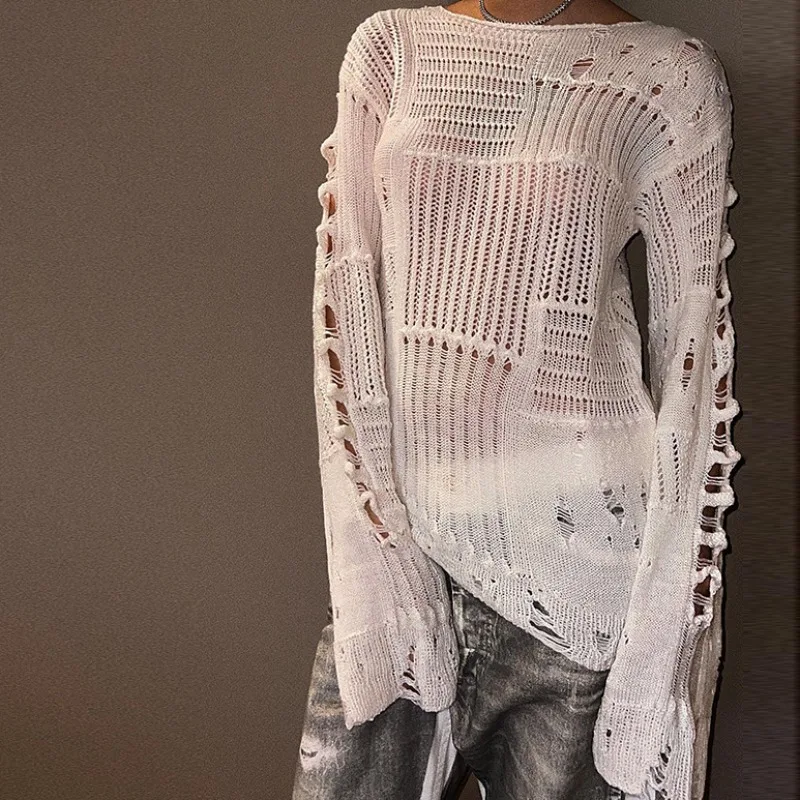 

2024 New Summer Style O-Neck Hollow Out Pullover Sweater for Women Short Knitwear Fashion Retro Elegant Pullovers N845
