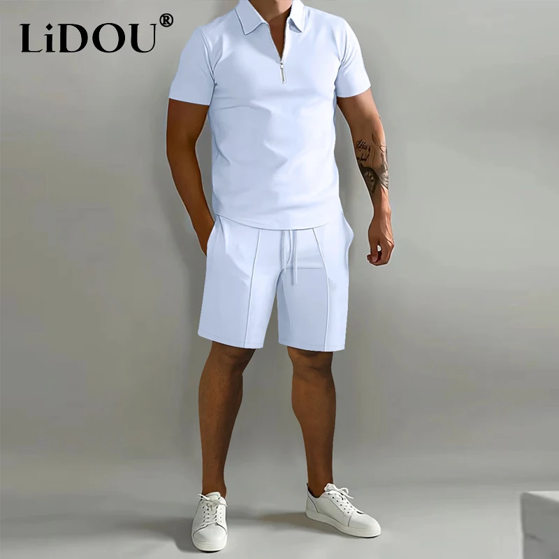 2023 Summer New Solid Color Turn-down Collar Short Sleeve Zipper Polo Shirts and Casual Elastic Waist Pockets Knee Length Pants 2pcs set o neck short sleeve elastic waistband drawstring pockets outfit mountain print loose t shirt for men shorts sport suit