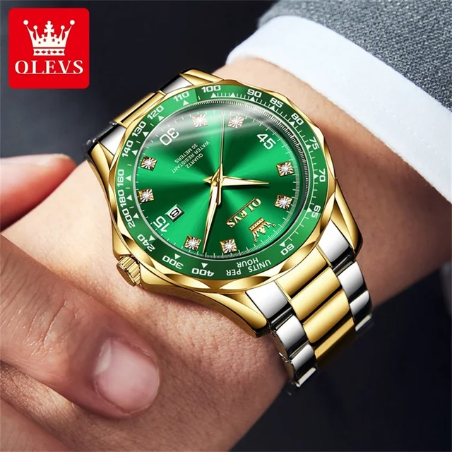 OLEVS-Homens Impermeável Relógio De Quartzo De Aço Inoxidável, Verde Dourado, Marca De Luxo, Pulseira De Borracha, Mergulho, Original, 9988 4