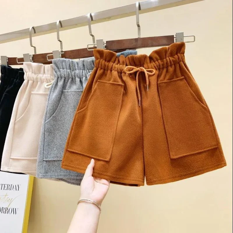 High Waist Plus Size Wide Leg Shorts Autumn Winter New Solid Color Drawstring All-match Shorts Casual Fashion Women Clothing