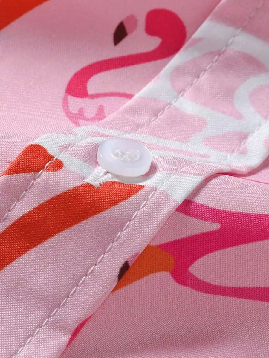 Men's Hawaiian Flamingo Print Shirt Button Down Short Sleeve Casual Shirt 5