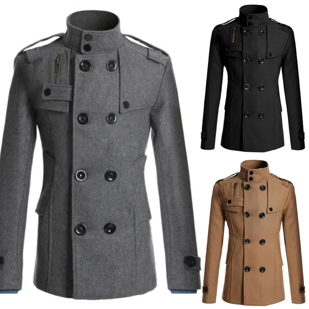 Slim Men Double-breasted Pockets Coat Long Sleeve Woolen Autumn Lapel Ele-choices M-3XL Autumn&Winter Collar Trench for Daily Wo