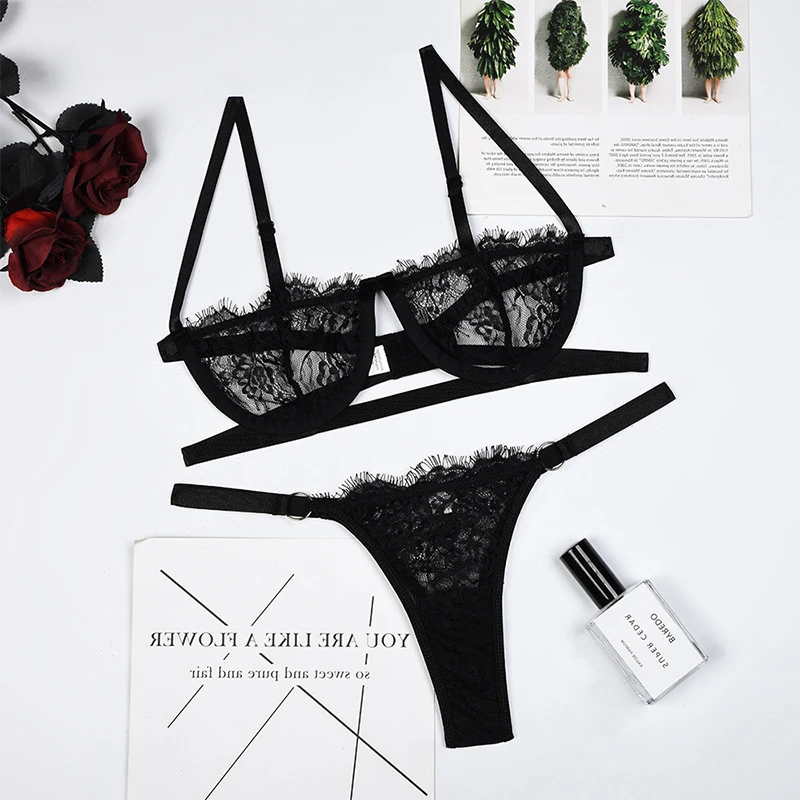 Lace Sheer Bra Cute Women's Pajama Set With Panties Embroidery Sexy Lingerie Steel Ring Push-Up Body Bras Femme Sleepwear Sets