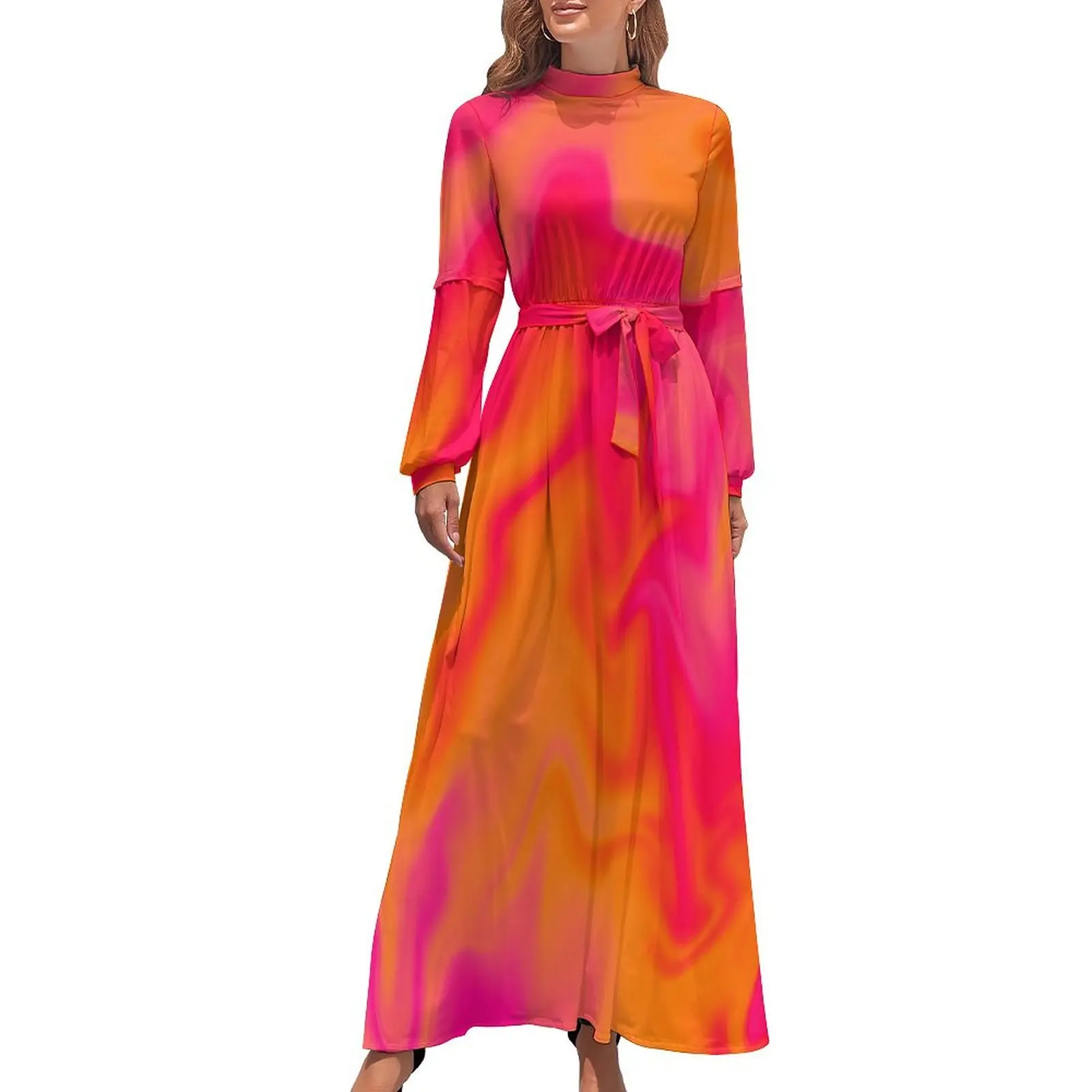 thumbnail image 1 of Vestido largo con diseño de fusión de mármol rosa, naranja y rojo, vestidos de noche para mujer 2024, vestidos de manga larga, 1 of 5