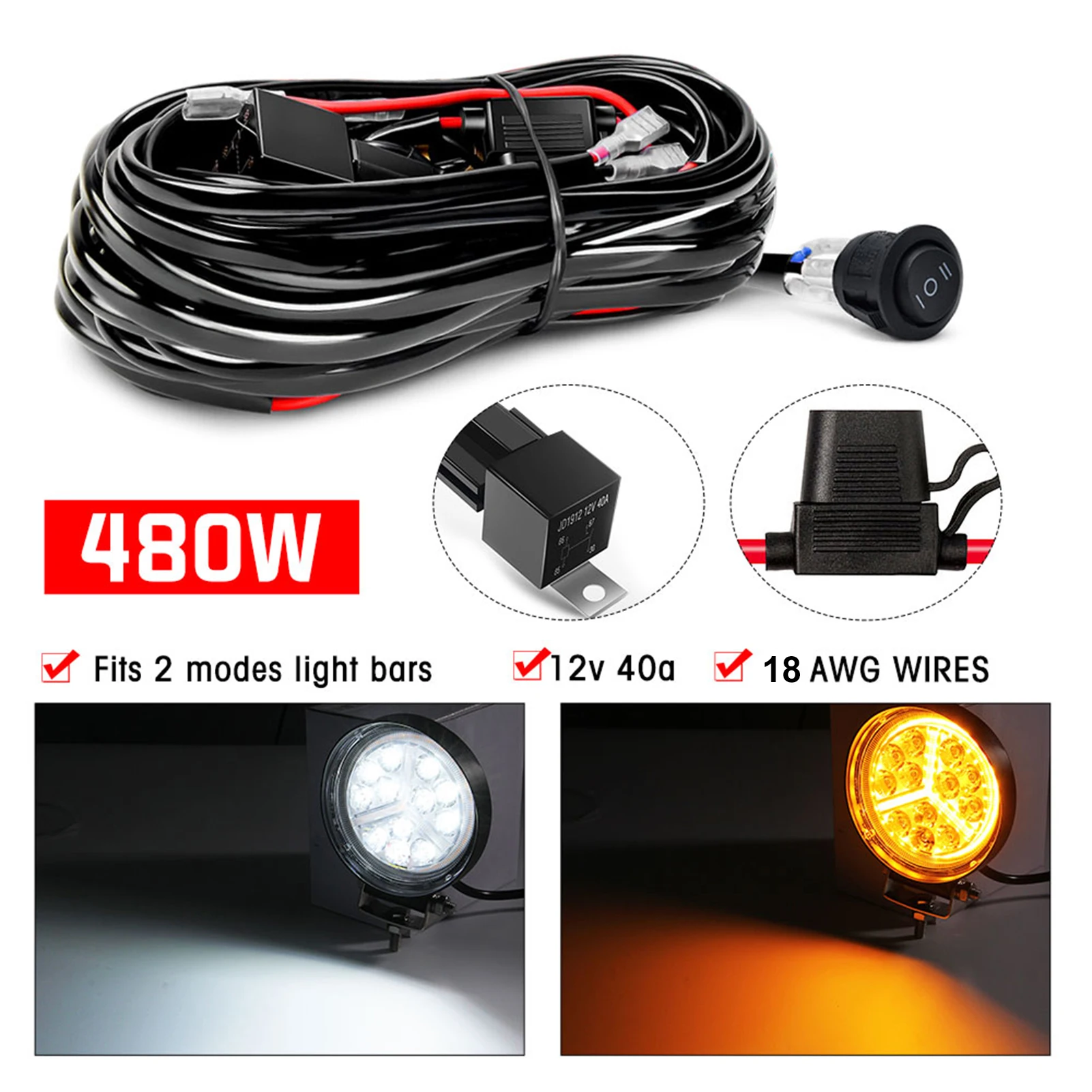 LED 라이트 바 와이어링 하네스 키트, 12V 40A 릴레이 및 방수 제어 스위치 포함, 480W 2 리드, 18 AWG ...