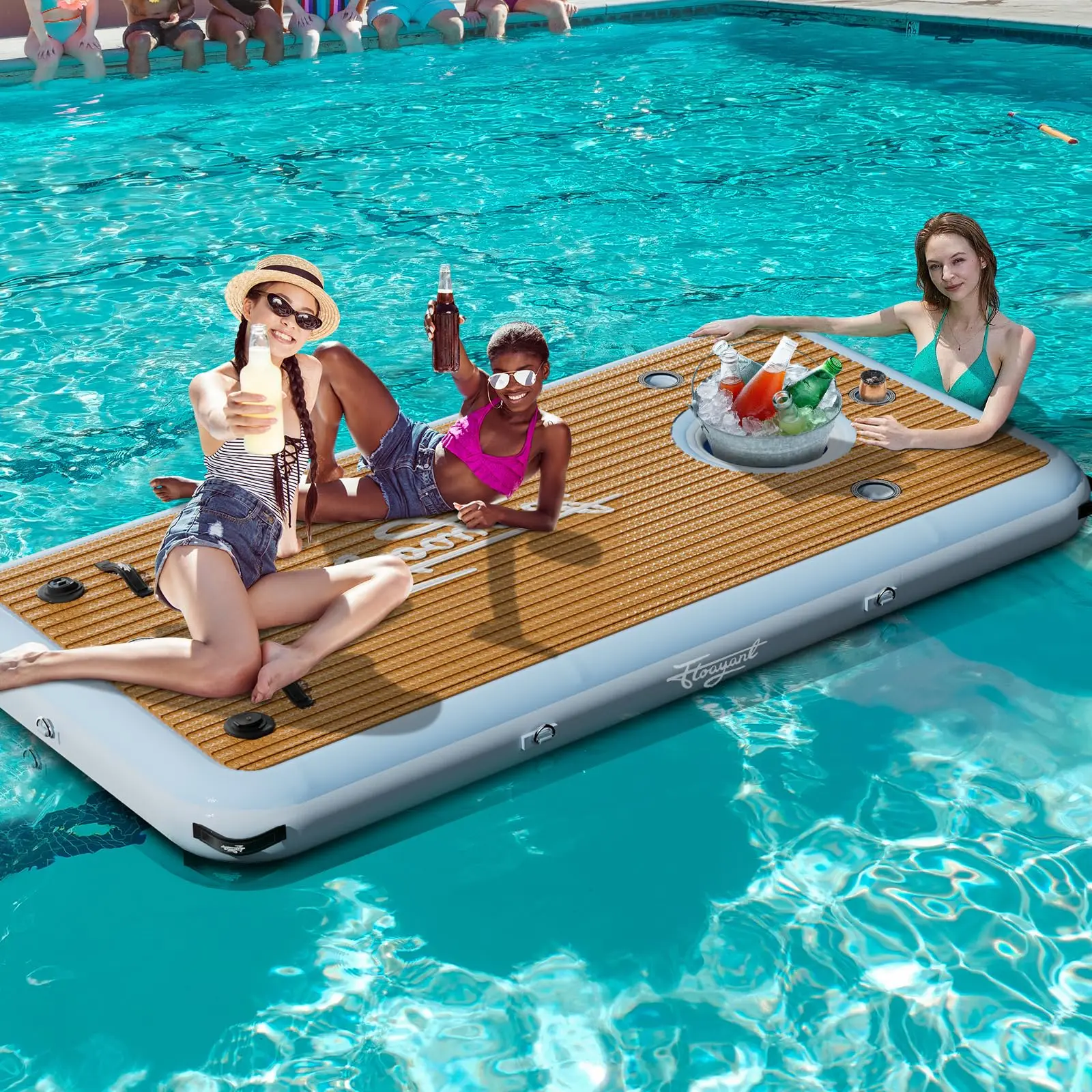 Inflatable Dock Platform Floating Party Raft Lake Float for Adults Water Swim Dock with Cup Holder & Camera Stand & Ice Bucket