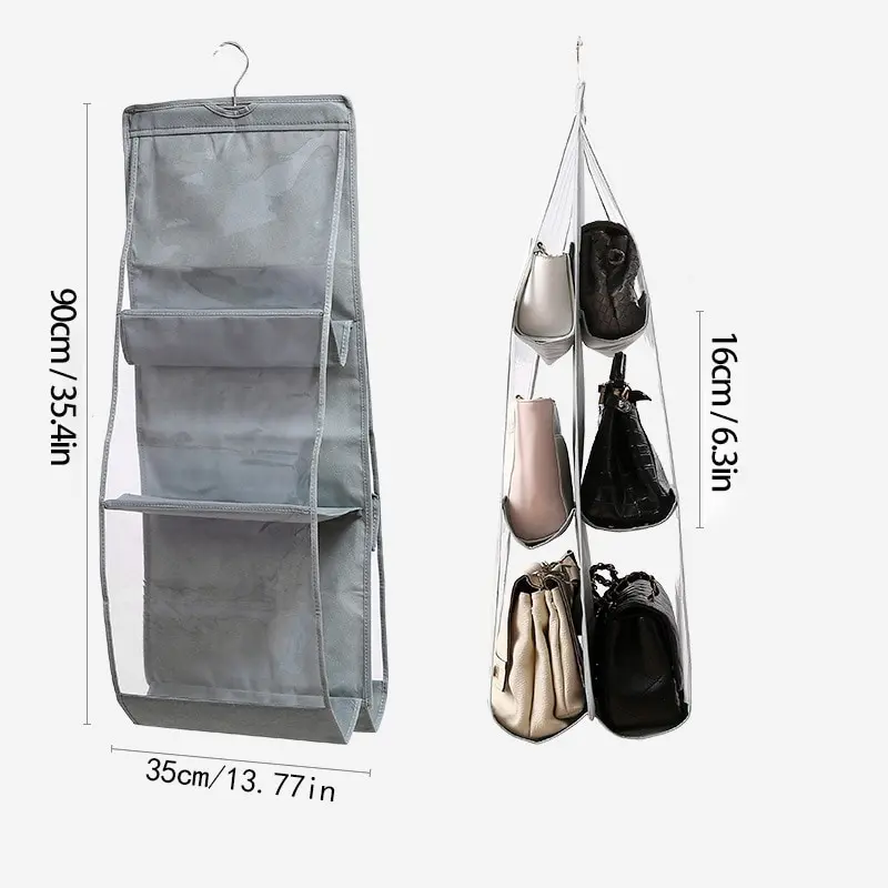 Hanging Handbag Organizer 6 Pocket Hanging Handbag Organizer For Wardrobe Closet Gray Waterproof Storage Bag Door Wall Clear Sundry Bag With Hanger Pouch