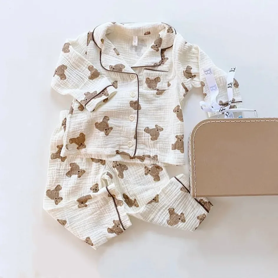 1-6Y Kids Pajama Sets Baby Boys Grils Sleepwear Bear Printed Long Sleeve Lapel Tops + Long Pants Children Pajama Nighwear pajamas sets children pajamas kids clothes sets