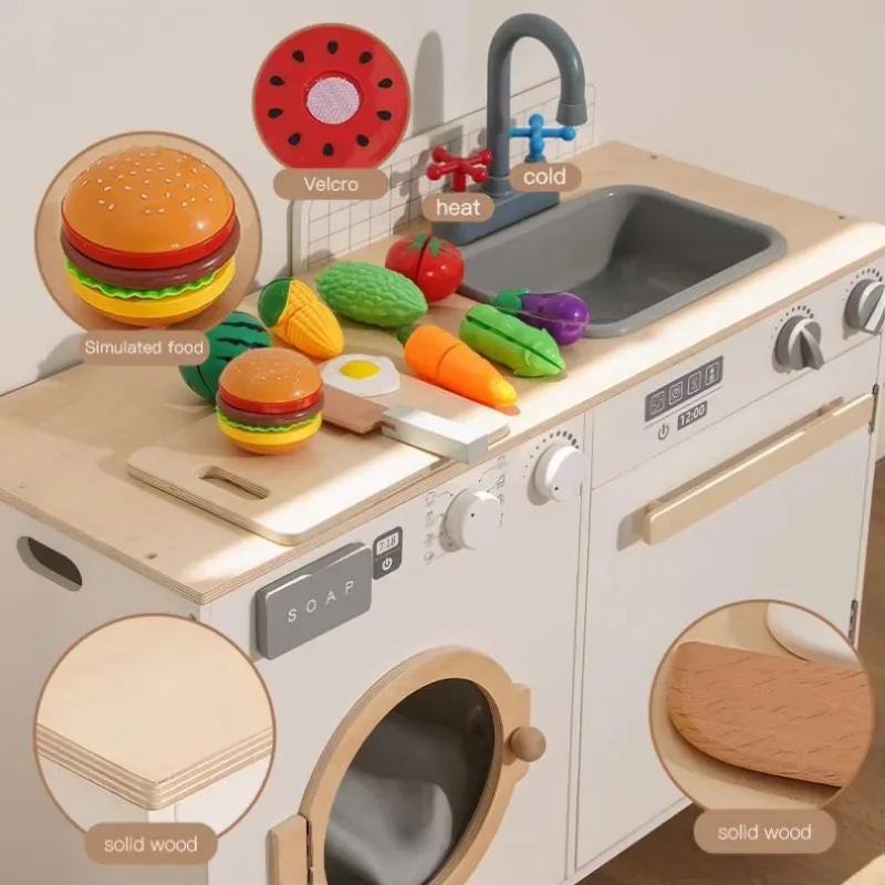 CPC CE EN71 Wooden Play Kitchen Microwave Fridge Washing Machine with Lights & Sounds Christmas Gift for Kids