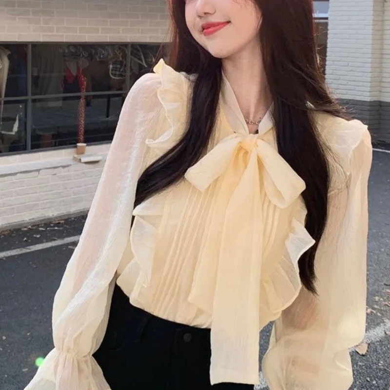 Women's Spring/summer Solid Color Bow Tie with Ruffle Edge Fashion Temperament Versatile Short Sleeved Loose Chiffon Shirt Tops women s sweet dress with white hanging neck and ruffle edge temperament women s dress summer french gentle style skirt clothes