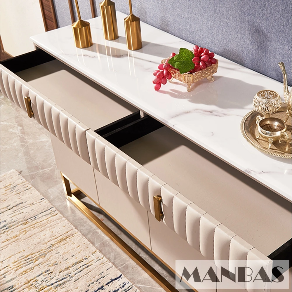 Linlamlim Kitchen Cabinets In Marble, Stainless Steel & Leather Sideboard Furniture for Your Kitchen or Living Room