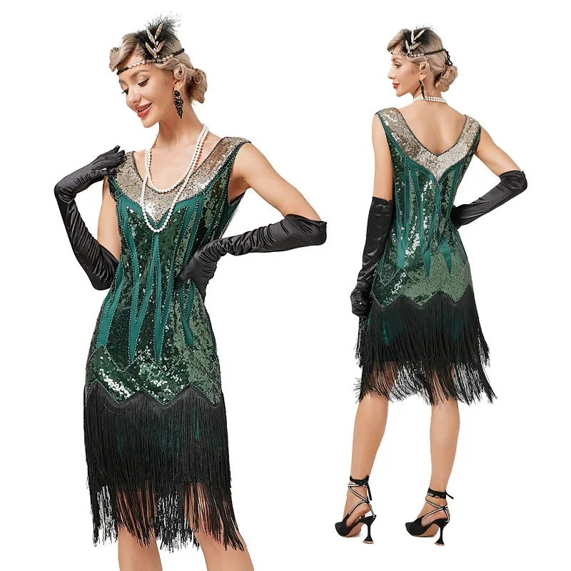 

Vintage 1920s Flapper V-neck Double Tassel Dress Great Gatsby Cosplay Costume Cocktail Party Charleston Dance Sequin Stud Dress