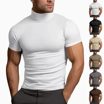 Cross-border Amazon 2024 summer solid color short-sleeved fashion bottoming shirt men's tight turtleneck T-shirt 1