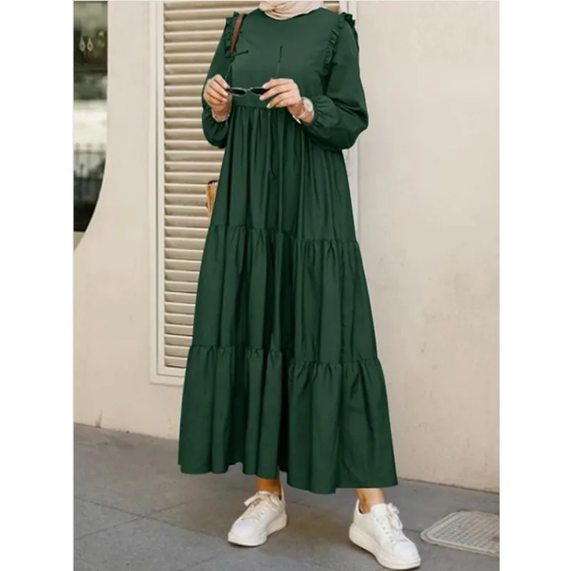 Wepbel Muslim Dress Abaya Ruffles Sleeves Pleated Robe Gown Caftan O-neck Long Women's Large Swing Dress Kaftan Islamic Clothing
