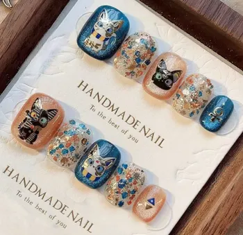 10PCS Glitter Sequin Short Square Round Handmade Cat Eye Press on Nails Ins Style Cartoon Cat Sweet Gel Nail Wearable Fake Nails