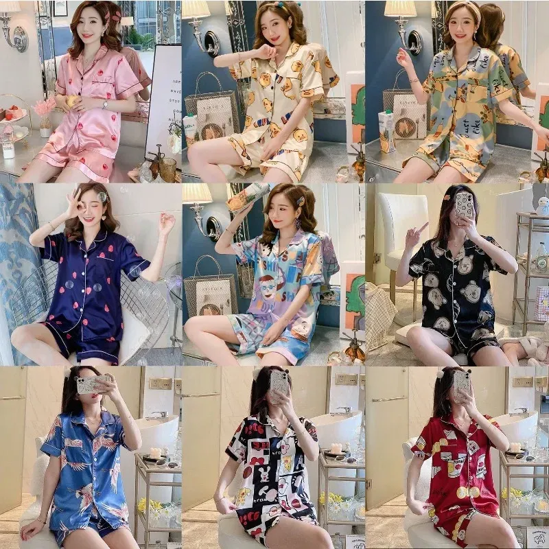 Bear Print Cartoon Casual Pajamas Women Summer Ice Silk Short-sleeved Trousers Thin Summer Silk Home Service Suit Princess