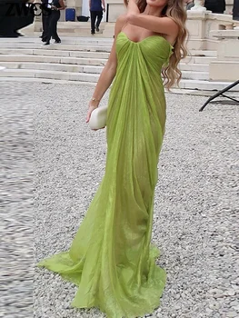 Green Pleated Party Gowns 2026 Summer New Female Sexy Off Shoulder Sleeveless Backless Sling Dresses Women's Solid Long Dress 1