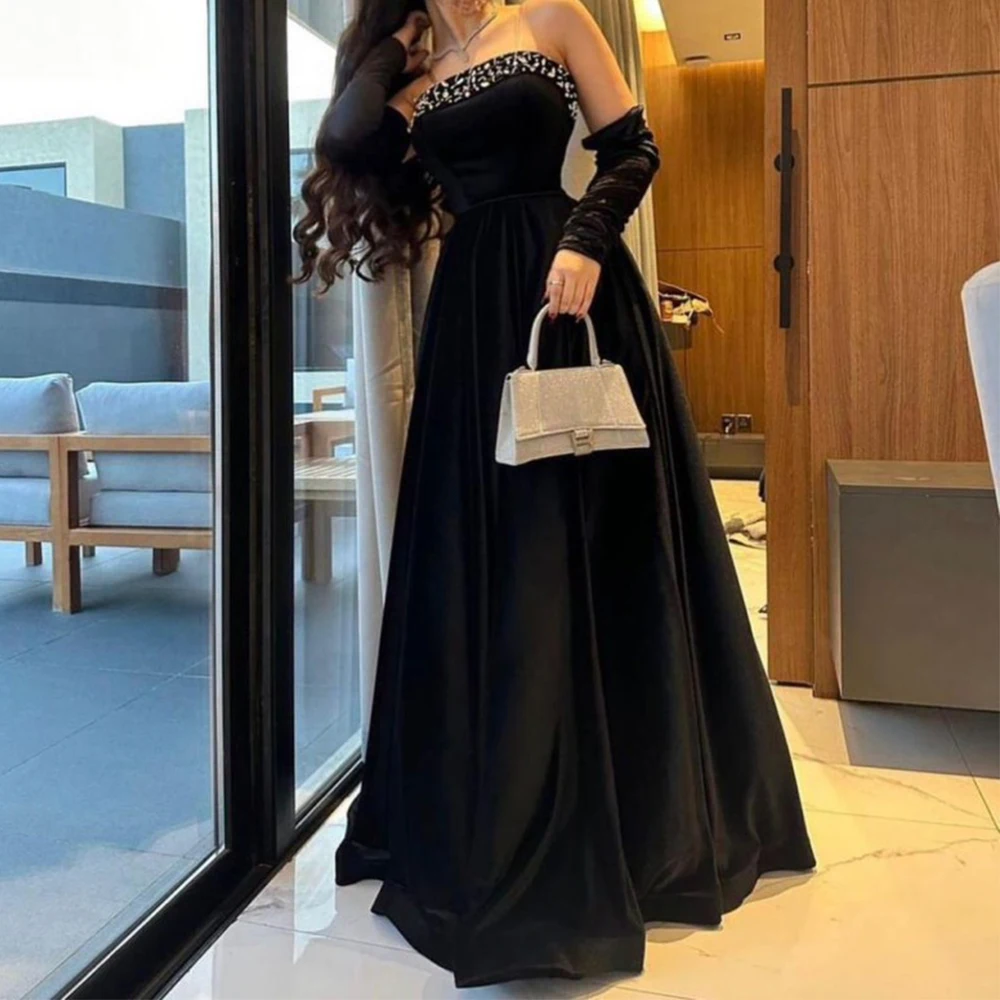 

Flechazo Black Strapless Evening Dress Simple A-Line Floor Length with Beading Women Party Gowns Custom Made for Wedding Guest