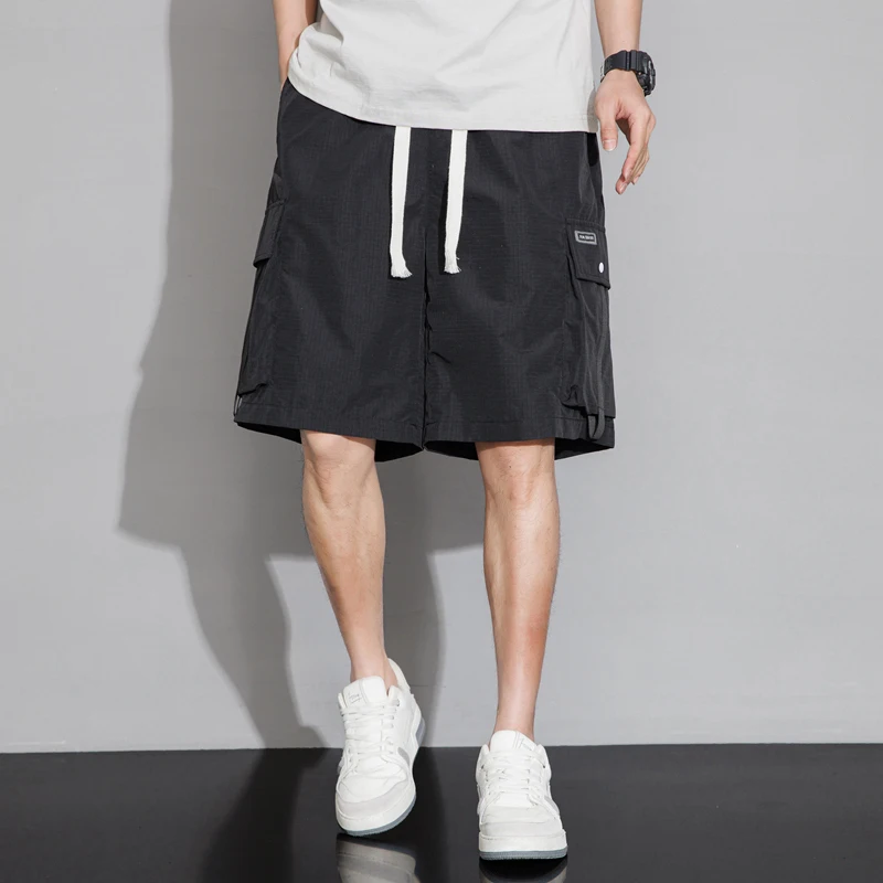 Solid Color Pockets High Waisted Casual Elastic Men's Summer Clothing Straight Drawstring Sports Pants England Style Shorts