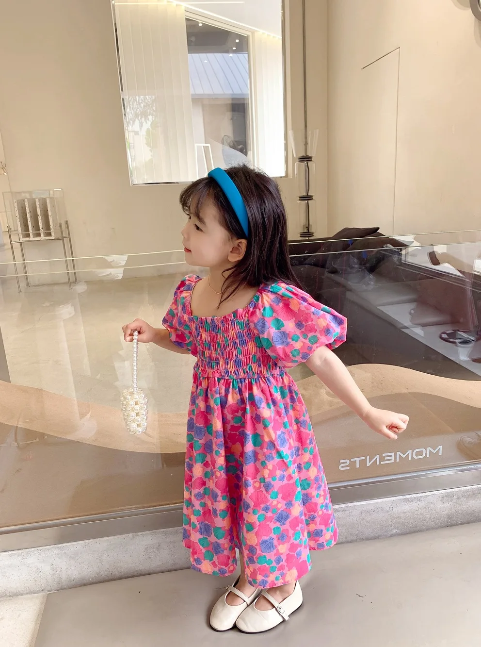 Summer Casual Baby Girls Cotton Sweet Pleat Puff Sleeves Floral