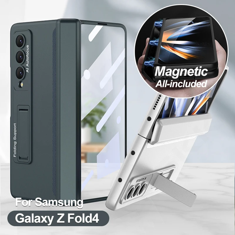 

GKK Оригинальный чехол с магнитными петлями для Samsung Galaxy Z Fold 4, внешний чехол с закаленным стеклом и подставкой, жесткий чехол для Galaxy Z Fold4
