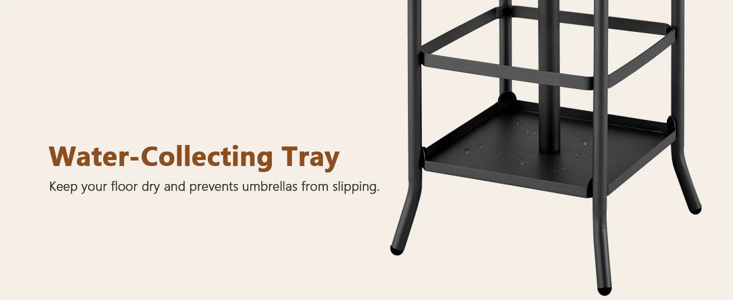 The tray collects rain from umbrellas to keep floors dry, with raised edges to prevent slipping.