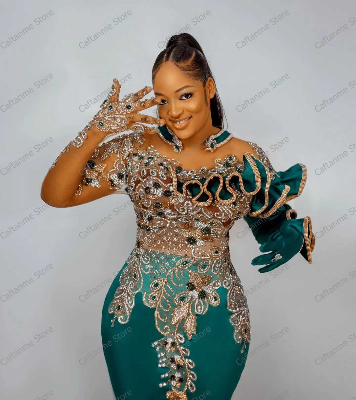 Luxury Elegant Lace Appliques Sheer Mesh Africa Evening Dress Women Teal  Satin Long Mermaid Prom Gowns With Detachable Train