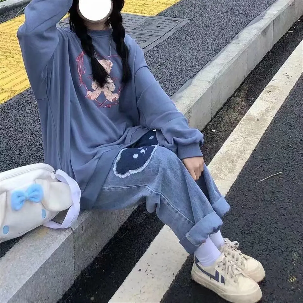 2023 귀여운 힙합 베어 청바지 소녀 쿨 해머 바지 바지 여성 펑크 하이 웨스트 데님 헐렁한 INS 가을 하라주쿠 청바지 Femme