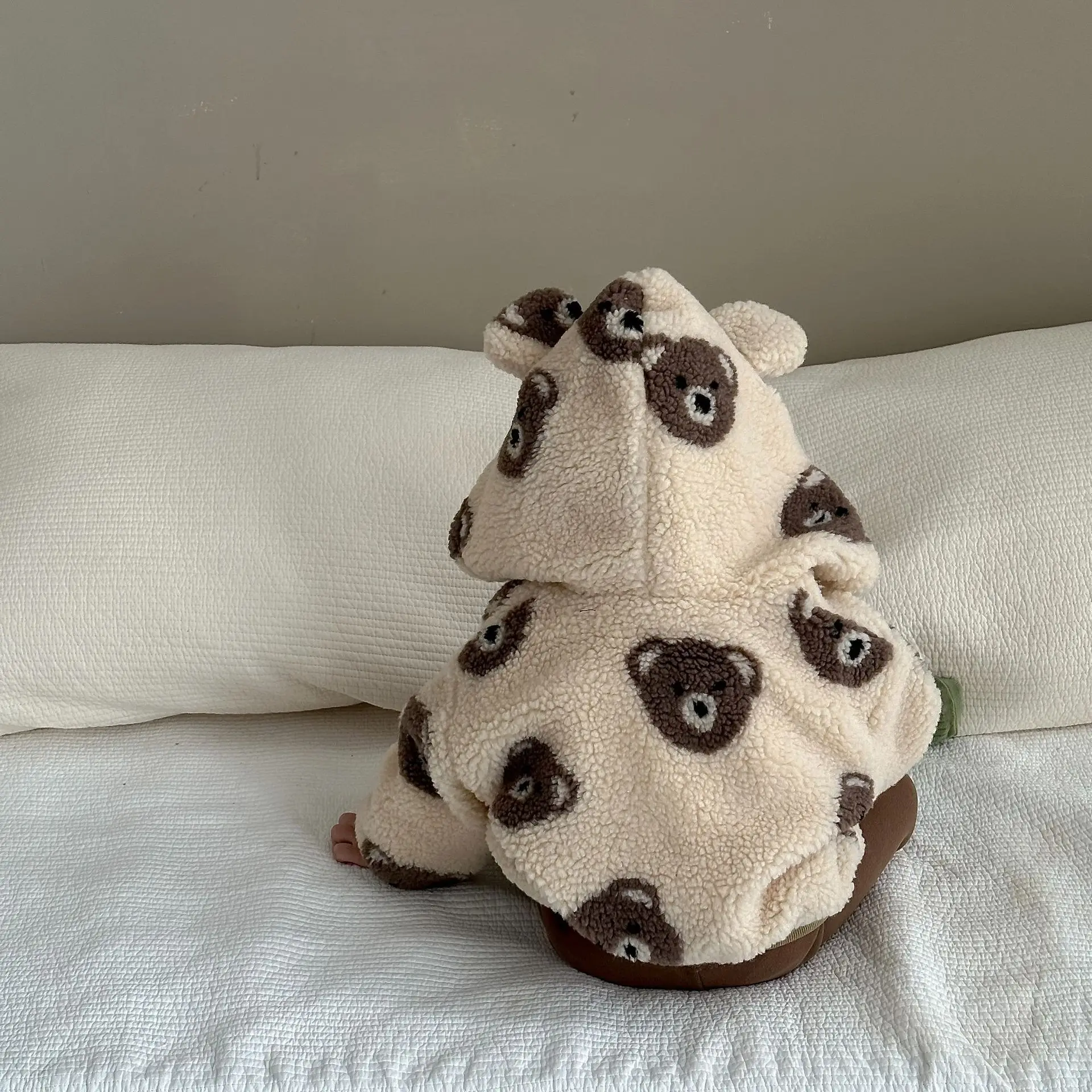 Winter New Baby Cute Bear Print Plush Coat Plus Velvet Thick Infant Boy Girl Warm Hooded Zipper Jacket Toddler Clothes