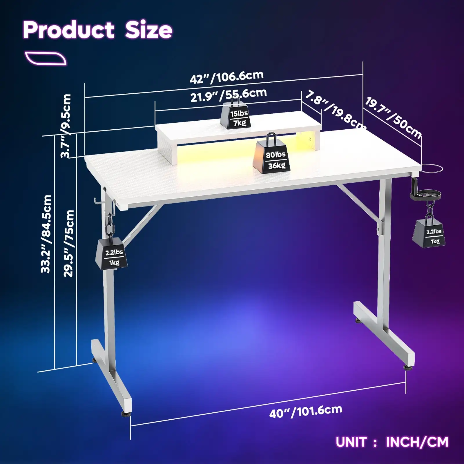 42 inch LED Gaming Desk with Monitor Stand PC Computer Gamer Home Office Table in White 3