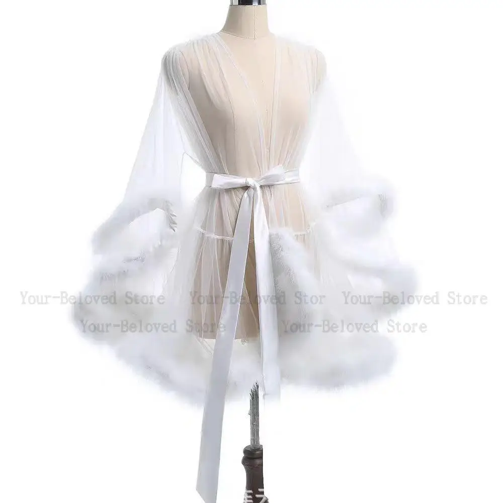 Sexy Feather Robe Seductive Mesh Bathrobe Fashion Long Sleeve Plush Spliced Thin Lingerie Female Underwear Nightgown Sheer Robe women sleepwear