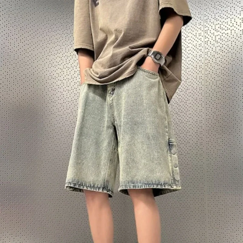

Denim Shorts Men's Summer 2024 Solid Colors Comfort New High Street Retro Straight Quarter Pants Fashion Brand Loose Pants
