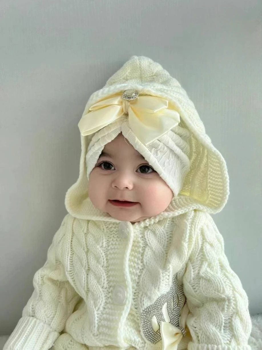 Dollbling Cotton Baby Newborn Boy Photograph Knitted Sweater Romper Cotton Longsleeve Outfit with Kids Winter Warm Hats Set