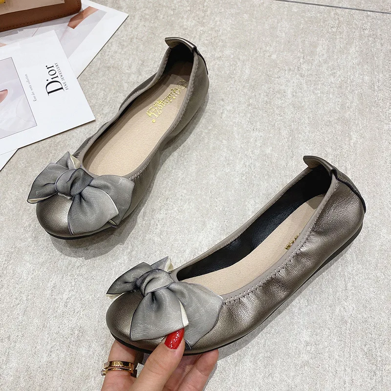 Womens Foldable Soft Round Toe Ballet Flats Butterfly Knot Sweet Comfortable Slip on Flat Ballerinas Shoes Woman PU Leather 4