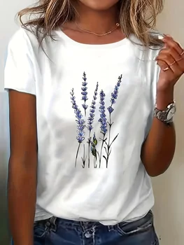 Women's Summer Casual Lavender Floral Print T-Shirt - Korean-Inspired Round Neck Short Sleeve Top Lavender Blouses 1
