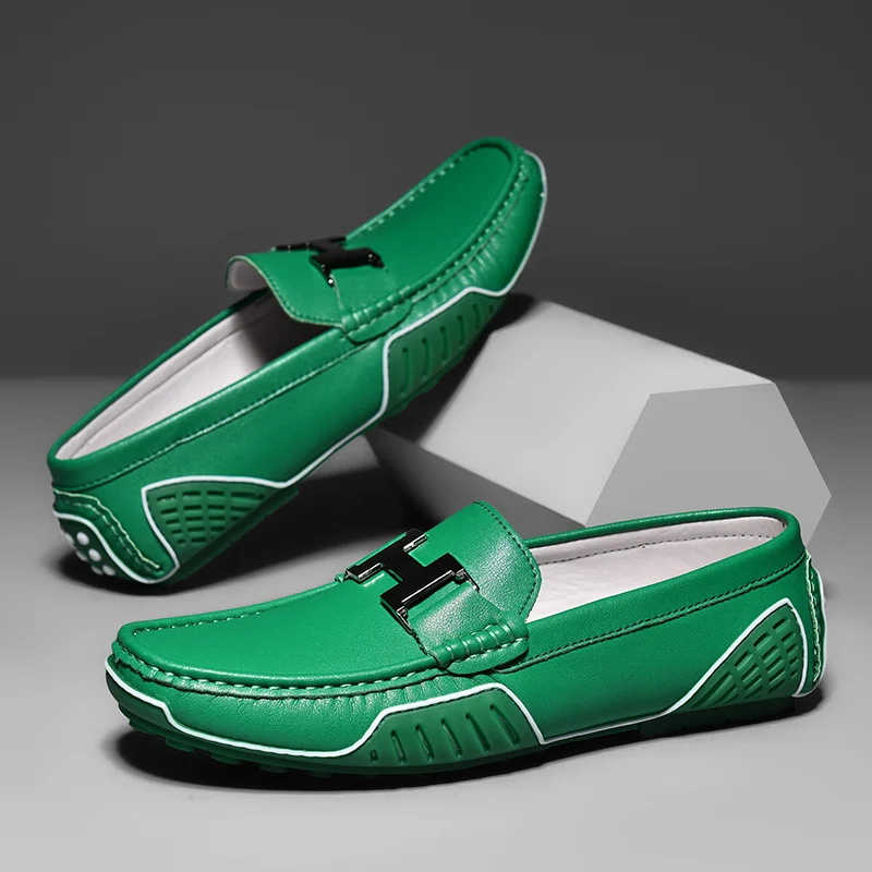 High Quality Men's Casual Leather Shoes Cowhide Loafers Soft Luxury Pea Shoes Green Genuine Leather Men's Flats Driving Shoes 3