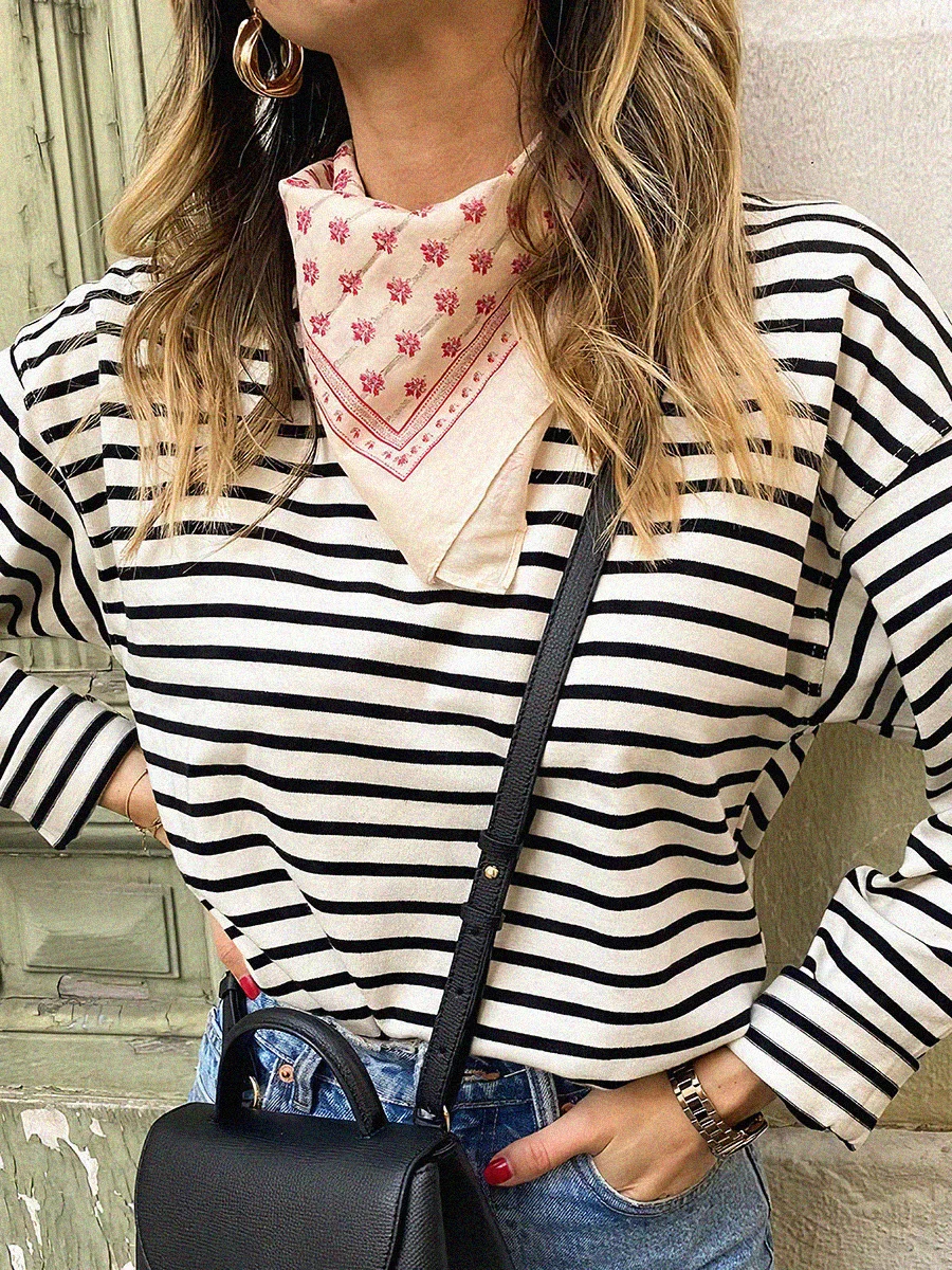 

Classic Stripes Tee Shirts Spring Woman Shoulder Pads Organic Cotton Long Sleeve T-shirt Casual Vintage Female Tshirts Tops 2023