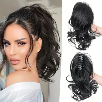 Extension per Coda di Cavallo Sintetica Elegante con Clip a Griffe per Donne, Nero Naturale con Onde Voluminose, Perfetta per Aggiungere Altezza