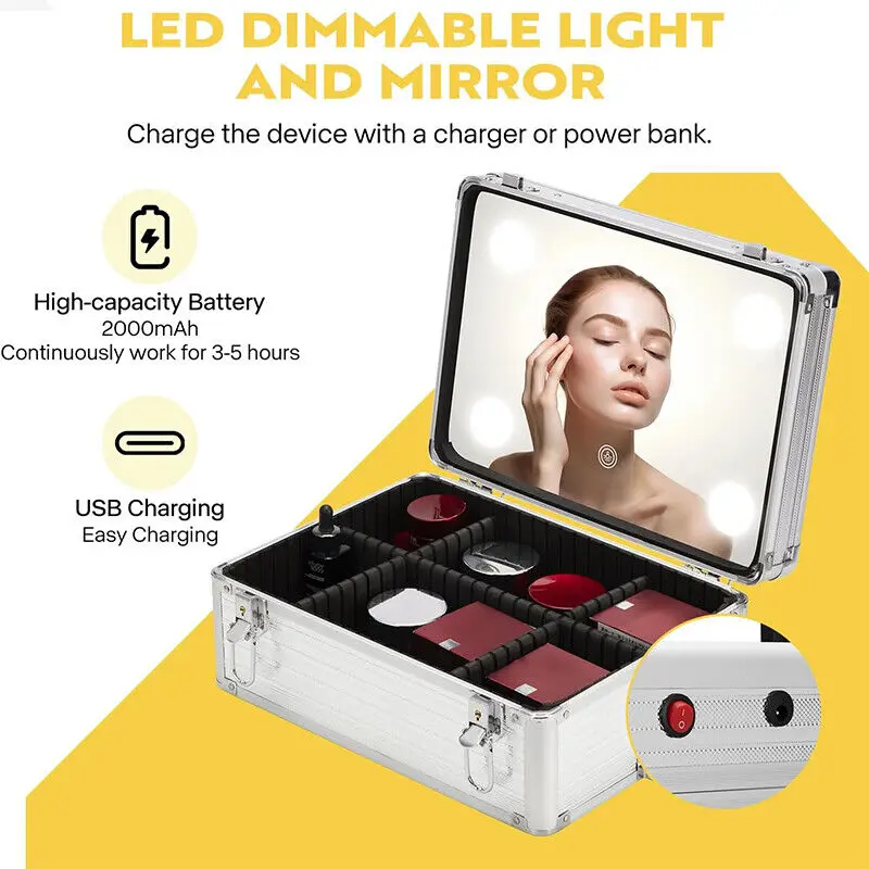4in1 Makeup Rolling Train Case Cosmetic Organizer Box 3 Color Led Lighted Mirror 2