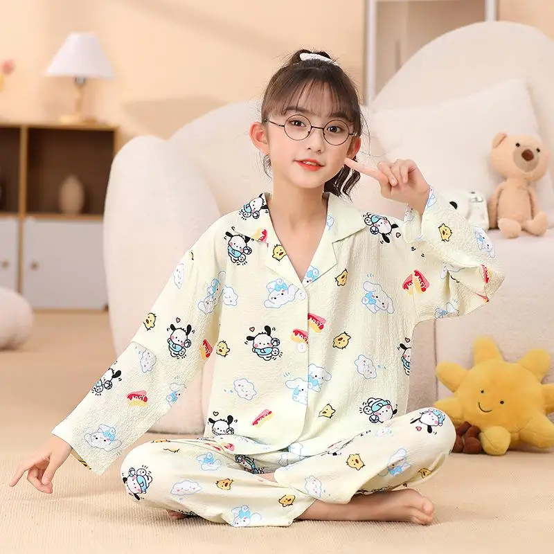 

Cartoon Girls Pajamas Set Spring and Autumn Kawaii Melody Cinnamoroll Kuromi Pochacco Bubble Cotton Gauze Home Clothes 2Pcs Set