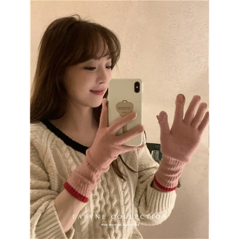 Korean Touch Screen Knitted Gloves Women Winter Warm Woolen Gloves Outdoor Thicken Riding Mitten Unisex Christmas Work Gloves