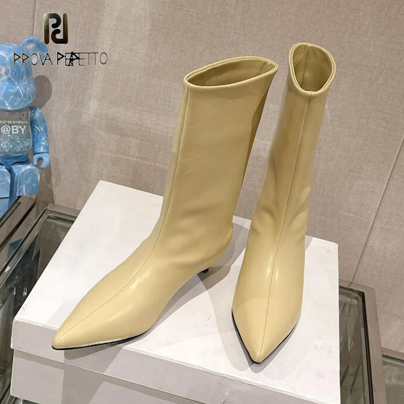 

Genuine Leather Women Pointed Toe Ankle Boots Kitten Heel Slip on Elegant Lady Dress Shoe Autumn Leg Slim Fashion Sapatos Mujer
