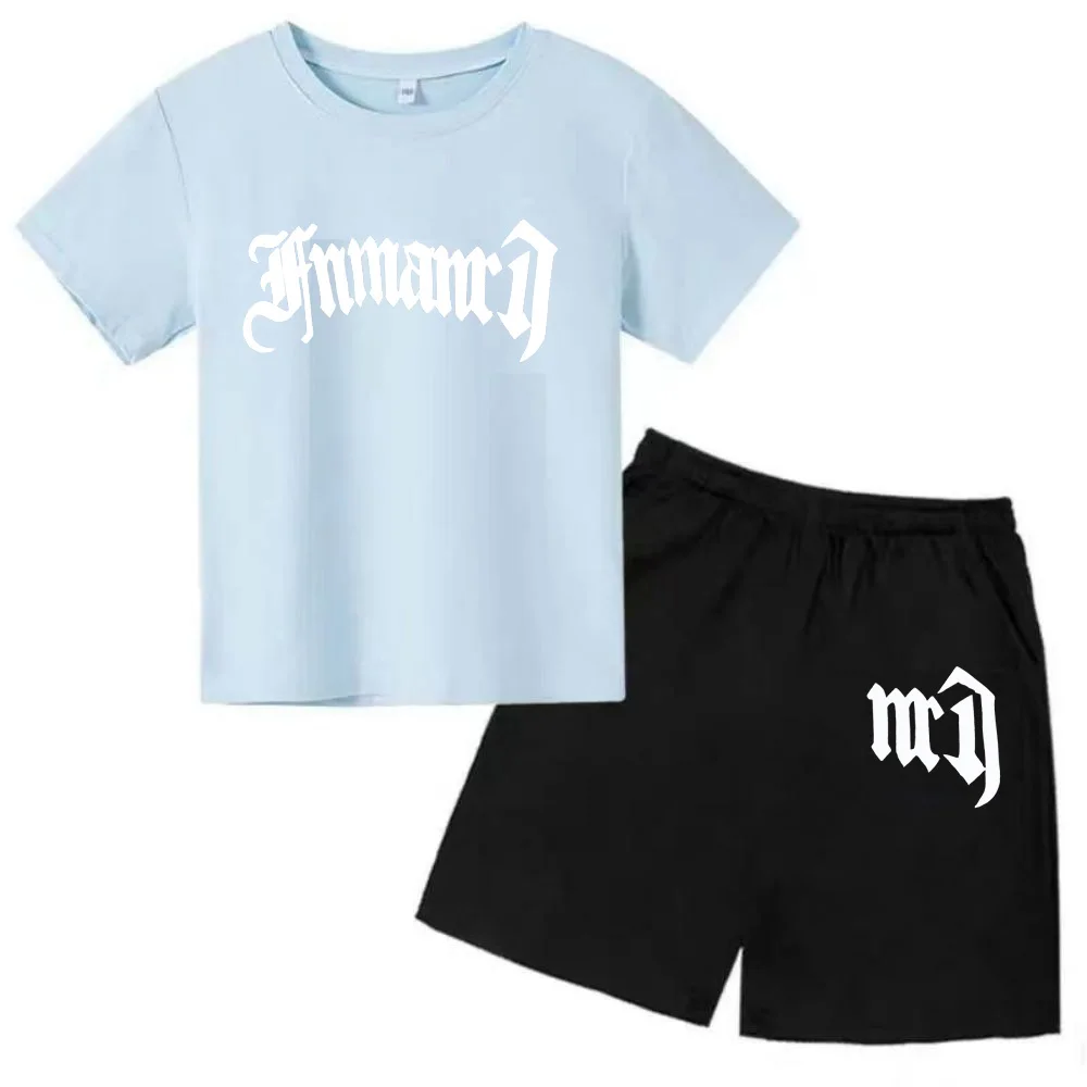 thumbnail image 1 of Ropa para niños con estampado de marca gótica, conjunto de camiseta y pantalones cortos de verano para adolescentes, 2 piezas, manga corta, moda informal para niños y niñas, 1 of 5