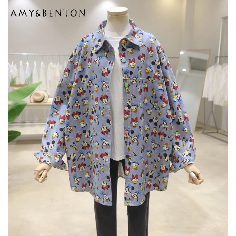 

Potdemiel Age-Reducing Full Body Cartoon Long Sleeve Blouse Spring Loose Mid-Length Below The Hip Washed Denim Shirt Jacket Girl