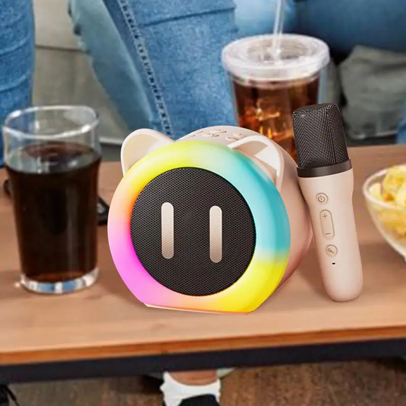 Wireless Karaoke Machine Portable Karaoke Speaker With Cute Ears RGB Lighting Wireless Speaker Microphone Set 2 Mics