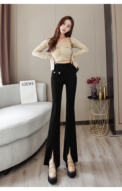 Split Zipper Buttons Flare Pants Women Korean Fashion Casual